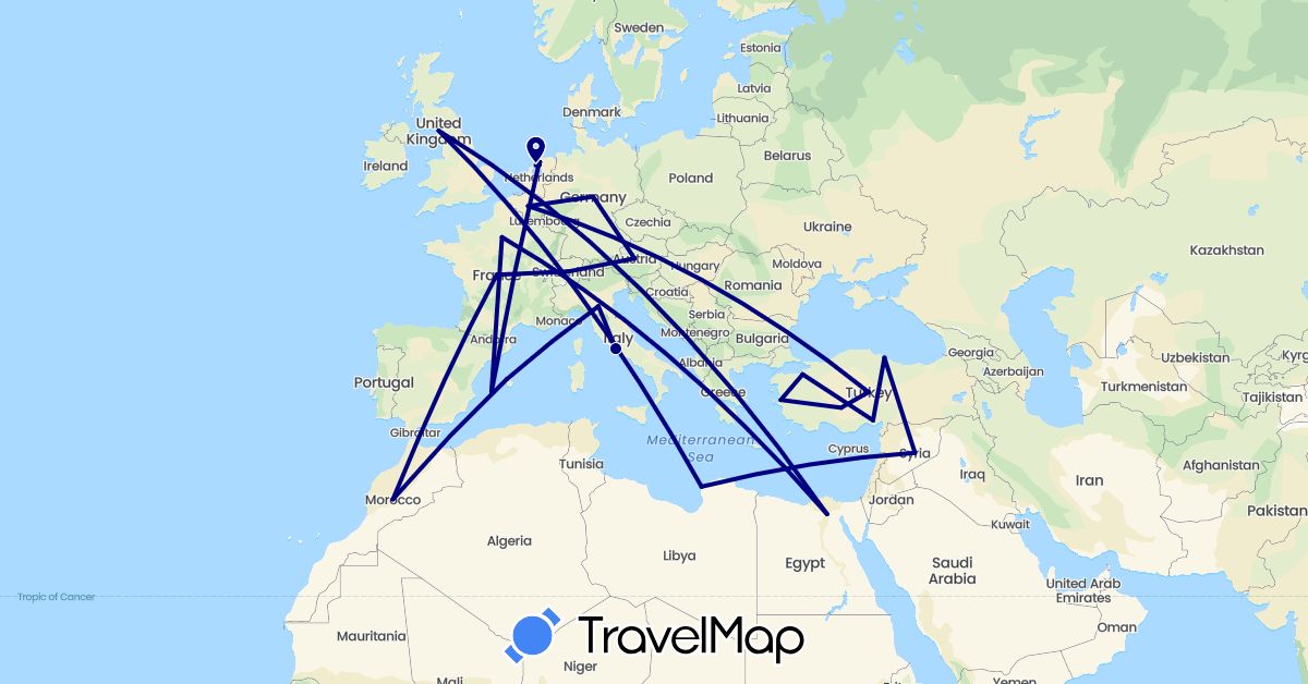 TravelMap itinerary: driving in Austria, Belgium, Switzerland, Germany, Egypt, Spain, France, United Kingdom, Italy, Libya, Morocco, Netherlands, Syria, Turkey, Vatican City (Africa, Asia, Europe)